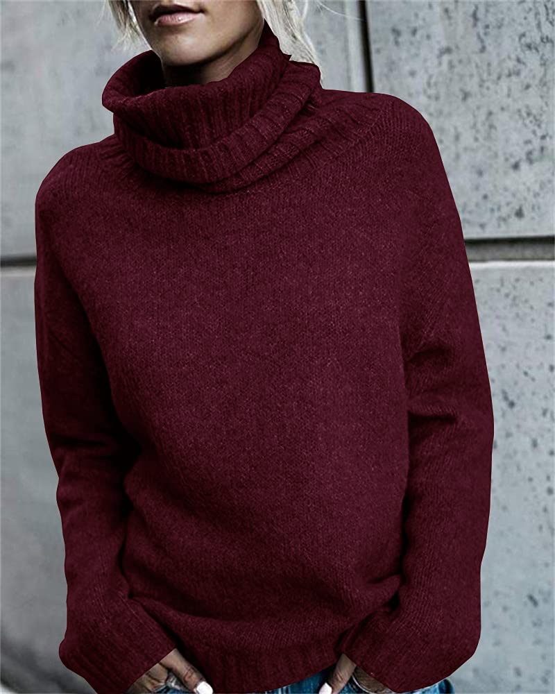 FISACE Womens Oversized Turtleneck Pullover Sweater Cable Knit Long Sleeve Sweater Tops A-Wine Red - Image 2